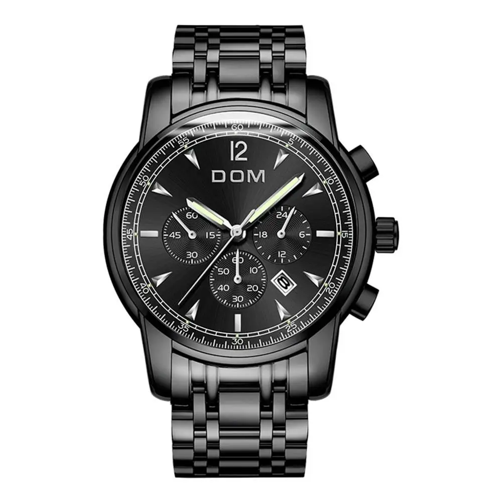 Часы dom, мужские, люксовый бренд, хронограф, мужские спортивные часы, водонепроницаемые, сталь, светящиеся, кварцевые, мужские часы, Relogio M-75D-1MPE - Цвет: M-75BK-1MPE