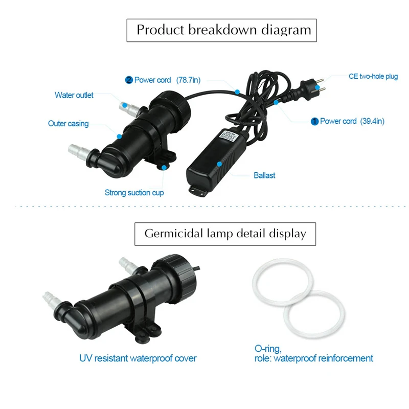 55W Aquarium UV Germicidal Lamp Connection Water Pump Algae Removal Sterilization Lamp Fish Tank Ambience Lighting Water Filter