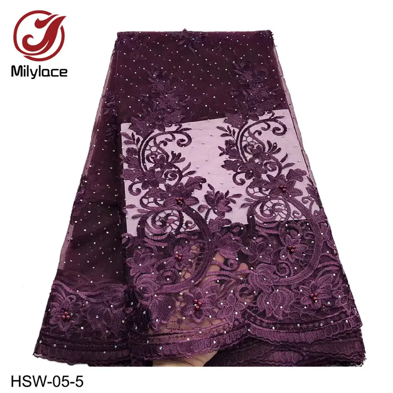 Последние африканские тюлевые кружевные ткани высокого качества нигерийская французская вышивка кружевная ткань с бисером и камнями HSW-05 - Цвет: HSW-05-5
