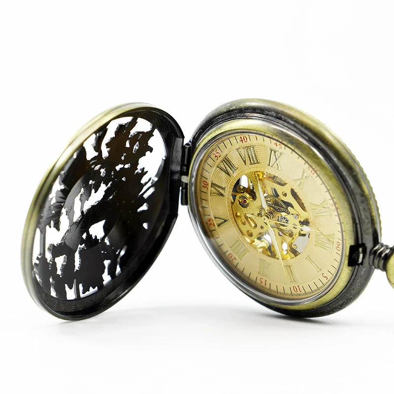 Best продажи античный и Винтаж часы птица Механические карманные часы Скелет циферблат для мужчин женщина с брелок цепи PJX1262