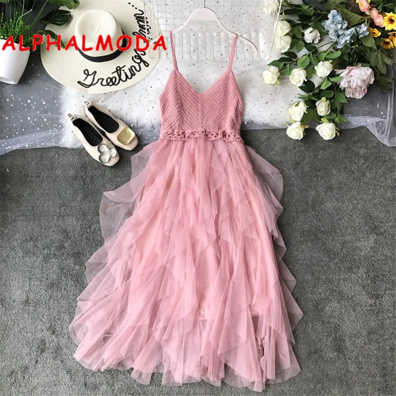 

ALPHALMODA 2019 Sexy Suspender Brassiere Mesh Dress Summer Knitted Stitching Playful Ruffled Gauze Patchwork Mid-calf Vestidos