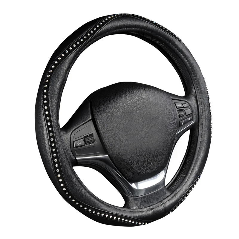 Fashion-Steering-Wheel-Cover-Black-Lychee-Pattern-with-Luxury-Crystal-Rhinestone-M-size-Fits-38cm-15