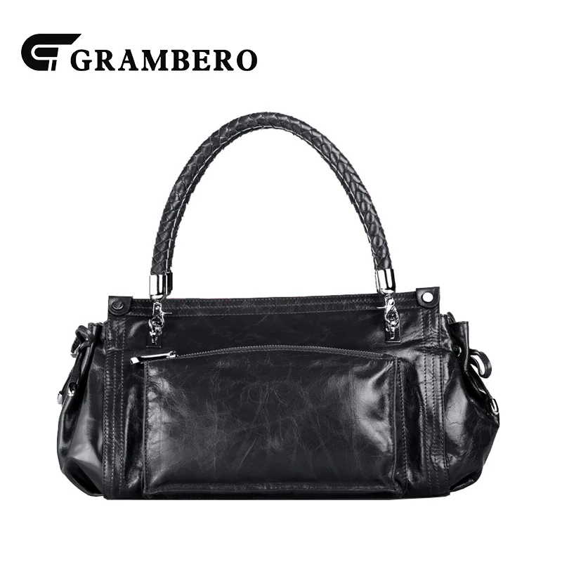 

Korean Style Oil Wax Leather Fashion Handbag Genuine Leather Boston Top-handle Bag Women Banquet Modern Bag 2018 New Sent Friend