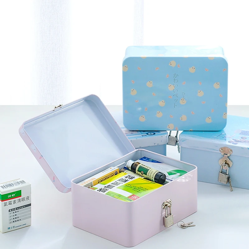 Tinplate Cosmetic Storage Box With Lock Jewelry Makeup Skin Care Lipstick Brush Office Articles Organizer Sundries Container