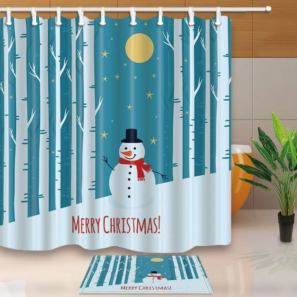 Christmas Shower Curtains Snowman In Forest Stars And Moon In Sky