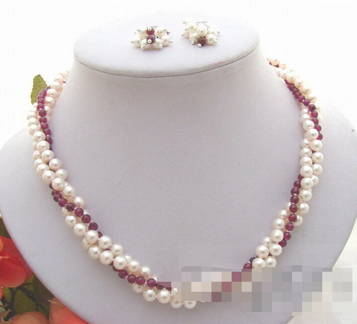

free shipping 07640 White Pearl&Natural Garnet Necklace&Earring Set (A0423)