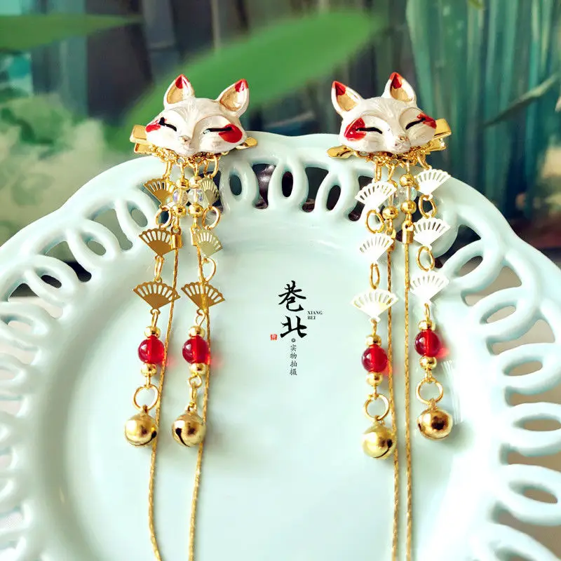 Заколка с кисточками в виде лисы и зайца заколка для волос косплея Kimono Hanfu ручная