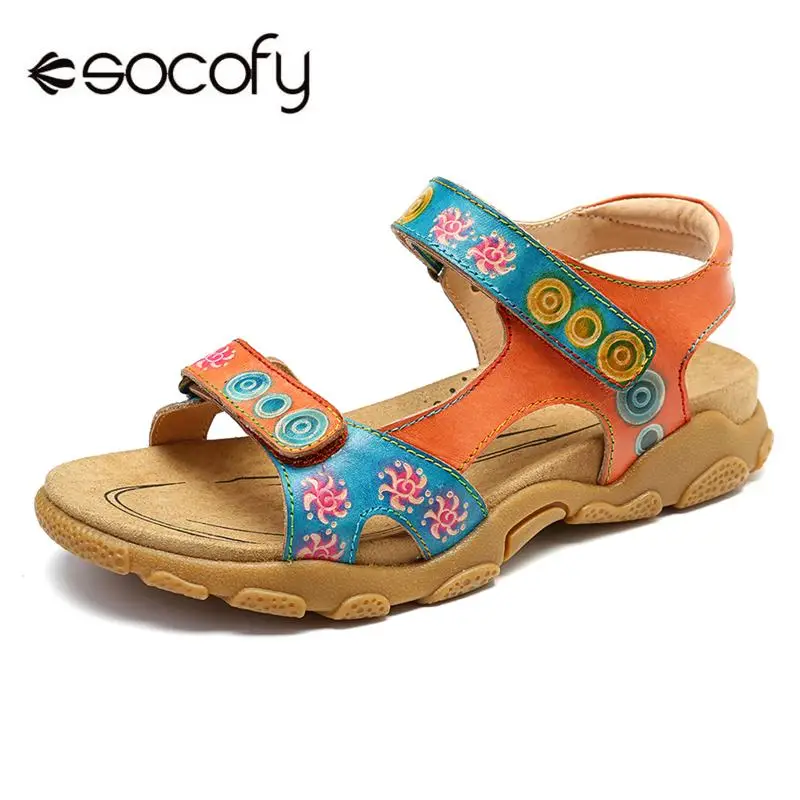 SOCOFY لينة الربط الأحذية جلد طبيعي الملونة نمط خطاف قابل للتعديل حلقة صندل كاجوال مريحة أنيقة الصيف أحذية