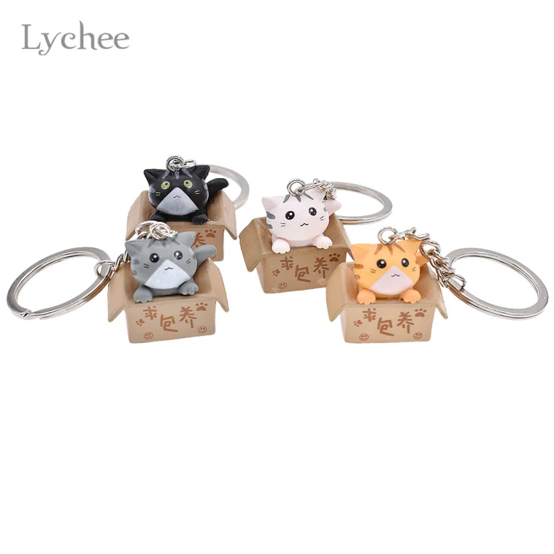 

Lychee 4pcs/Lot Cute Box Cat Key Chain Key Ring Lovely Bag Hanging Pendant Jewelry for Men Women