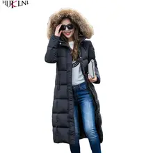 Женский зимний пуховик с меховым воротником черные куртки изящное длинное пальто Повседневная теплая верхняя одежда женская AC150