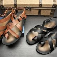 Черные Мужские модельные повседневные сандалии на плоской подошве Mujers итальянские кожаные пляжные крутые сандалии Вьетнамки полоски крест-накрест сандалии для подиума