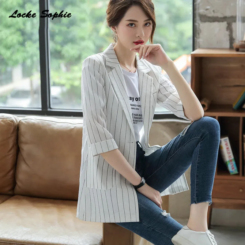 Women's Plus size Long Blazers coats 2019 Autumn cotton blend stripe Slim fit Small Suits jackets ladies Skinny Blazers Suit