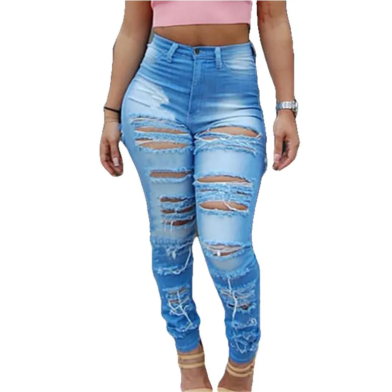 

High Elastic Broken Holes Button Fly Denim Pants Sexy Cut Out High Waist Jeans Vintage Style Butt Lifting Skinny Denim Jeans