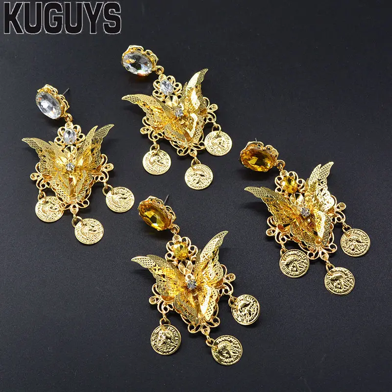 

KUGUYS Vintage Gold Butterfly Crystals Earrings for Womens Trendy Jewelry Baroque Head Portrait Drop Earring Party Accessories