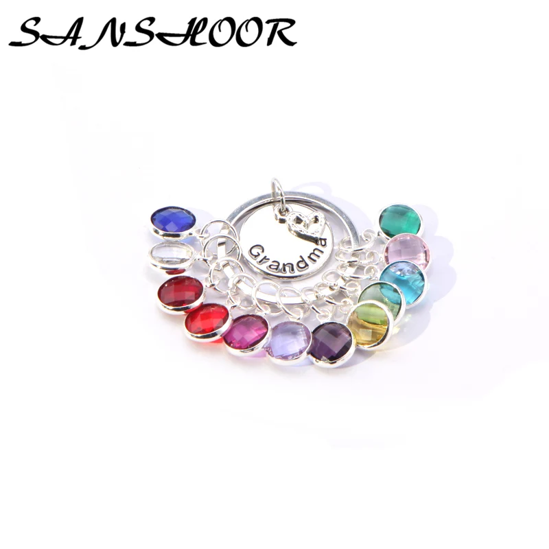 

SANSHOOR 20mm Gandma Pendant Necklace With 12pcs Dangle Birthstone Charms and 45cm Stainless Steel Chain For Family Love Gift