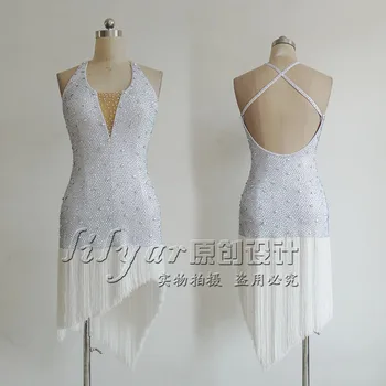 

customized sexy New Latin dance dress White fringe full diamond latin dancing dresses for women
