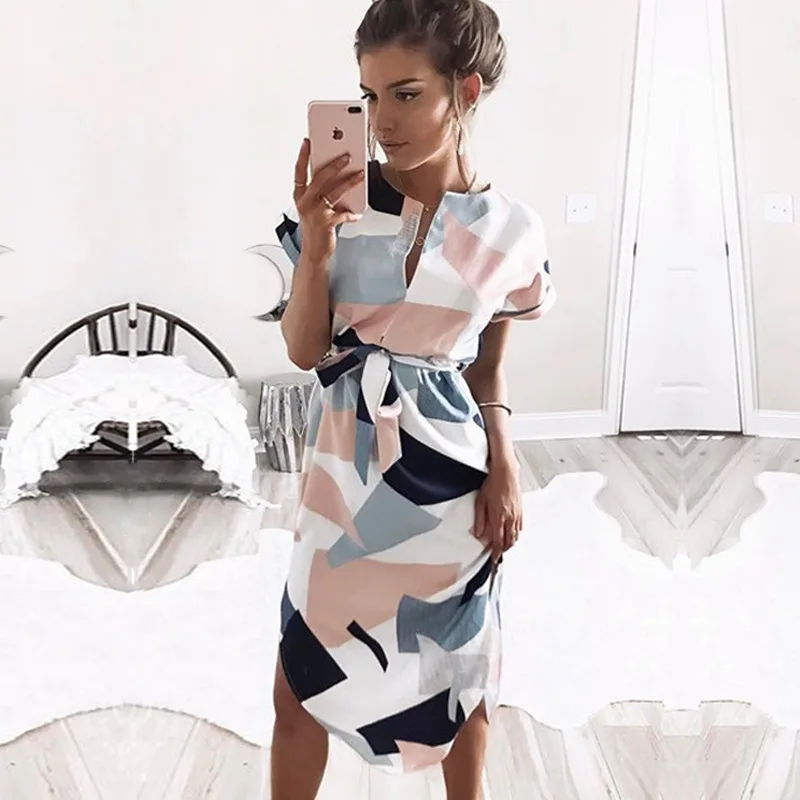 

2019 Fashion Plus Size Ladies Dresses Summer V-Neck Geometric Striped Print Floral Short Sleeve Boho Office Dress