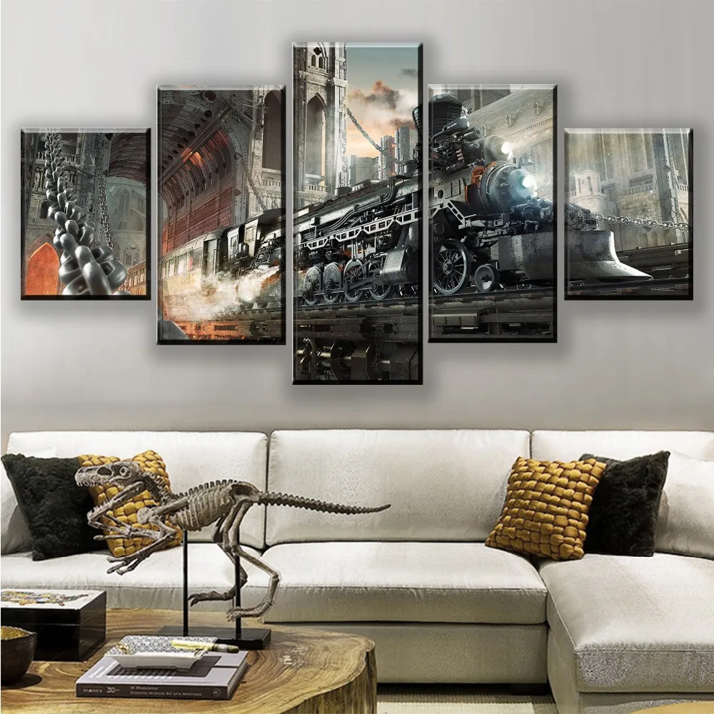 

One Set Framework Or Unframed Poster Canvas Art Print Painting 5 Pieces Sci Fi Steampunk Retro Train Home Decorative Artwork