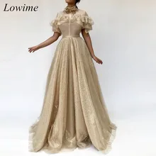 Большие размеры Шампань Дубай платья знаменитостей Длинные Тюль-блеск вечерние платья для красной дорожки с кристаллами и жемчугом на заказ