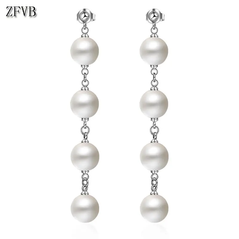 

ZFVB 925 Silver Trendy Simulated pearl Long Earrings for Women CPearls String Statement Drop Earring Wedding Party Jewelry Gift