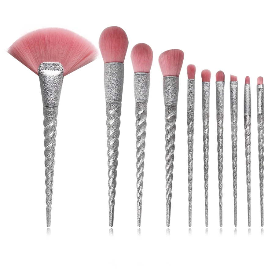 

Silver Glitter 10Pcs Makeup Brushes Set Unicorn Horn Powder Blush Fan Brush Eyeshadow Girls Fashion Pink Cosmetic Brush Kit