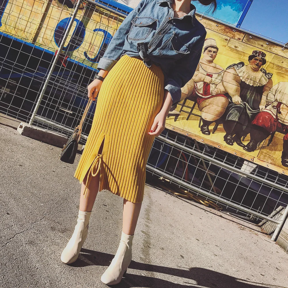 

Han edition of new winter skirts long elastic waist side split knitted dress