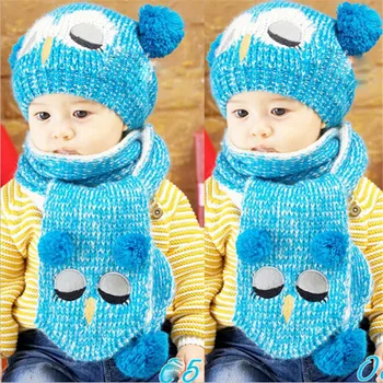

Hot Winter Warm Baby Boys Girls Hat Scarf Set Cute Knitted Cotton Hats for Toddlers Cartoon Owl Hats For 1 to 4 Years