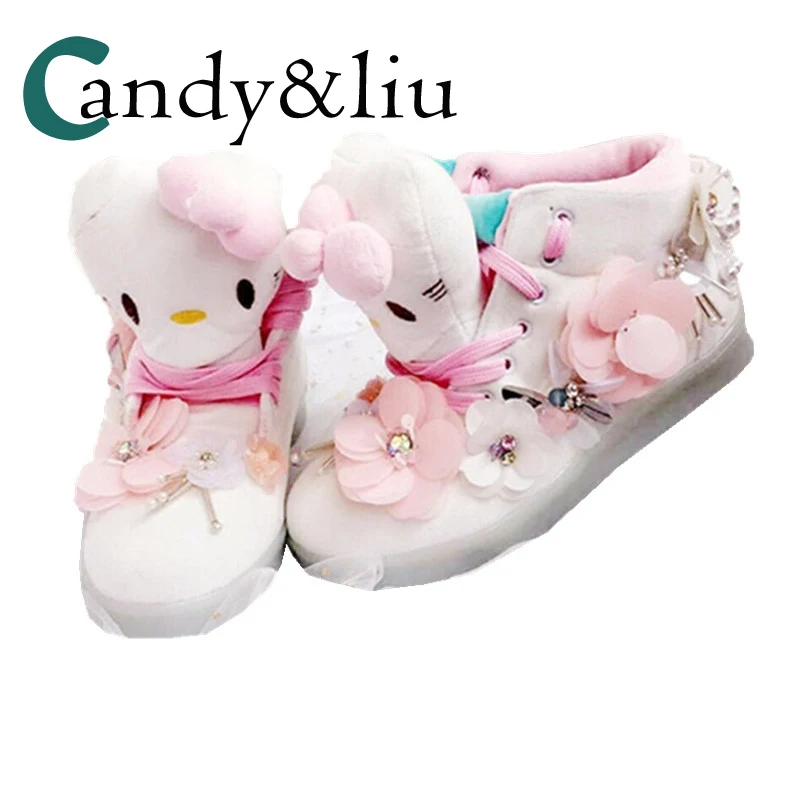 

Pink Sequin Fluffy Cat Ankle Boots Crystal Bling Shiny Flowers Women Platform Shoes for Girls Lady Students Gift-ideal