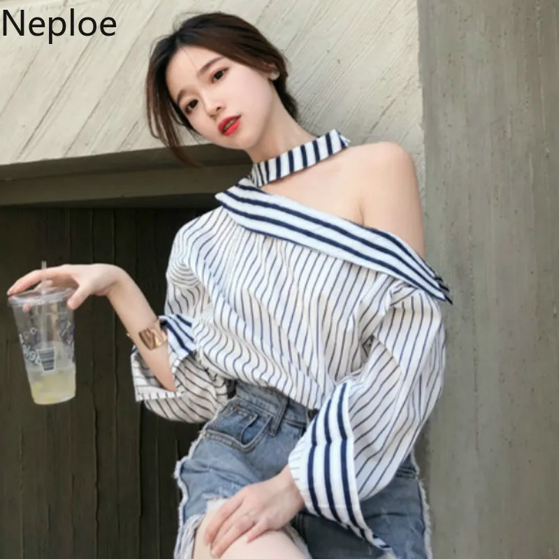 

Neploe Striped Halter Women Shirts Summer 2019 Loose Shoulder Strapeless Long Sleeve Blouse Korean Chic Ladies Tops 43663