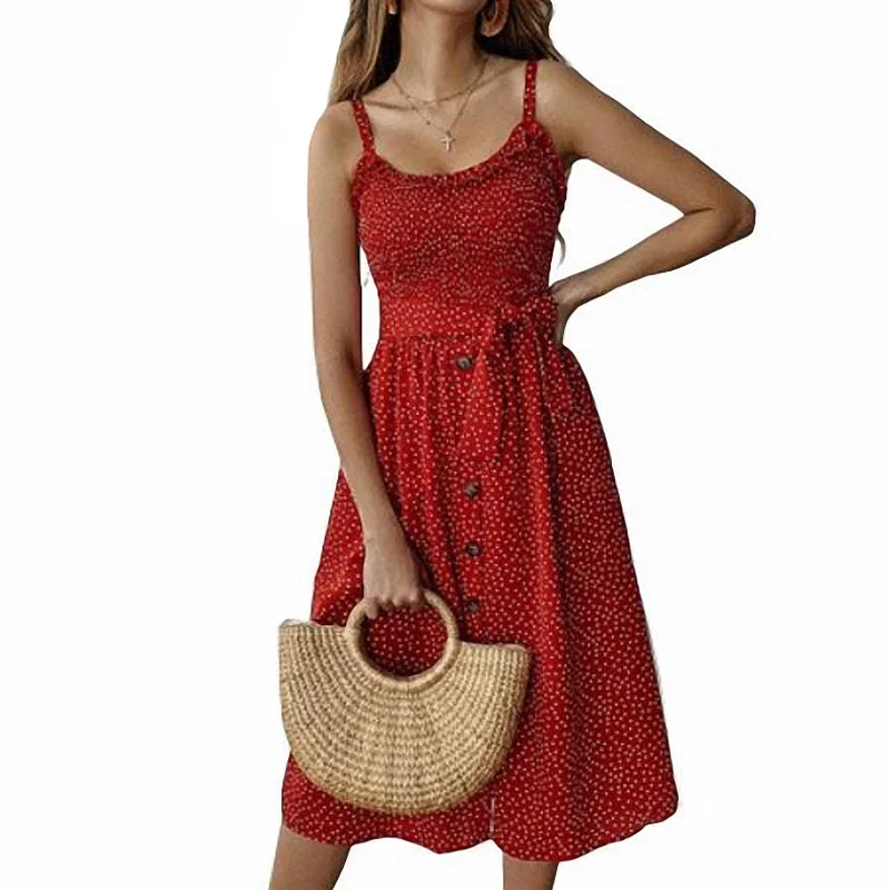 

Dress for Women Sexy Boho Sleeveless A-line Evening Party Dress Ruffles Summer Vintage Elegant Button Dot Print Dresses Vestidos