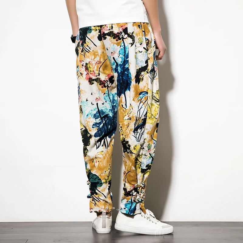 

Popular 2018 Spring Summer Japanese Casual Ethnic Style Bound Feet Pankou Flower Loose Pants Nation Wind Cotton Trousers Men