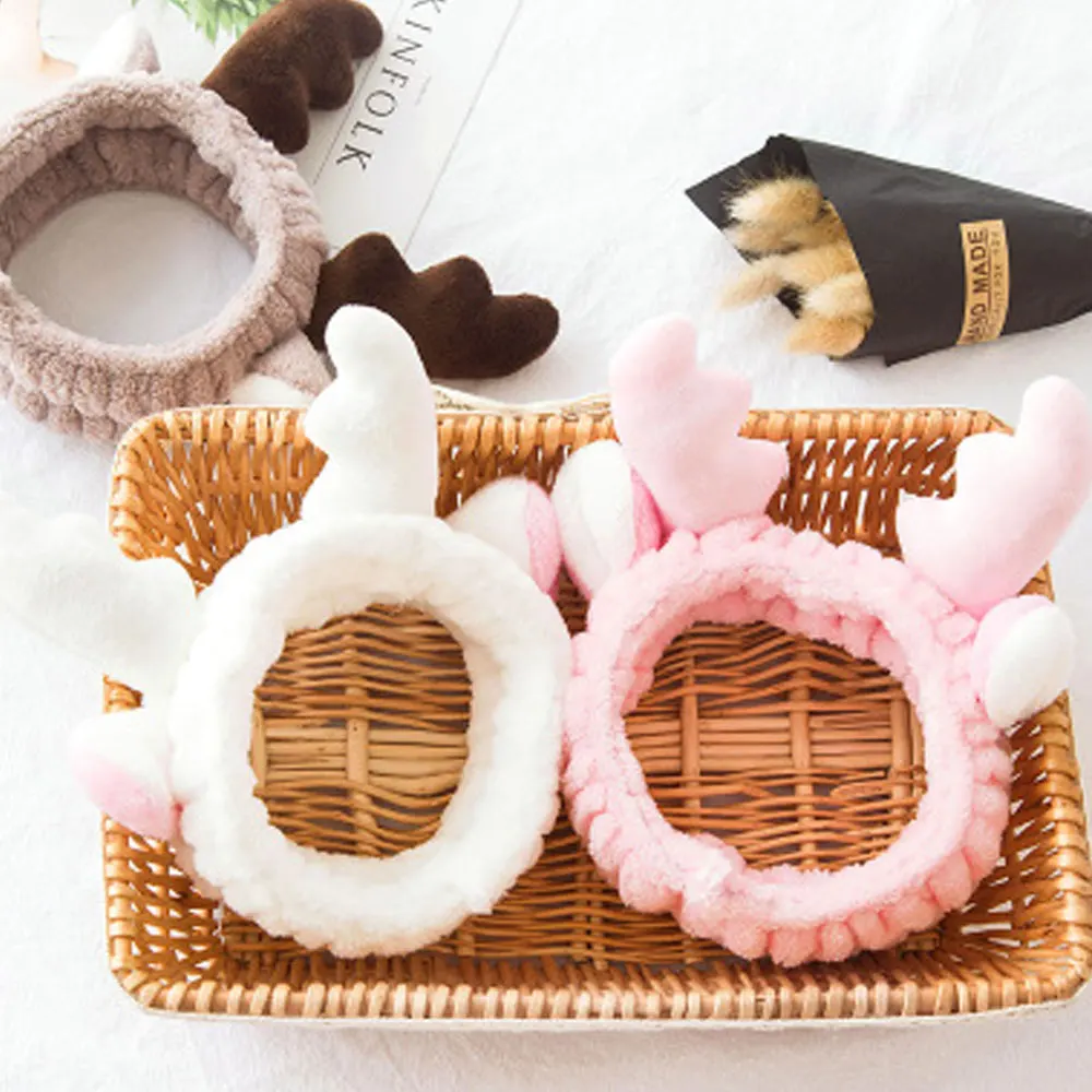 

Christmas Carol Fleece Women Antler Headband Deer Horn Makeup Shower Head Wrap Washing Face Hair Band Girl Hair Accessories