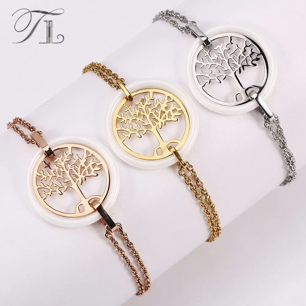 

TL Hot Sale Life Tree Ceramic Bracelet Stainless Steel Hollow Life Tree Flake White Ceramic Circle Charm Bracelet For Women Gift