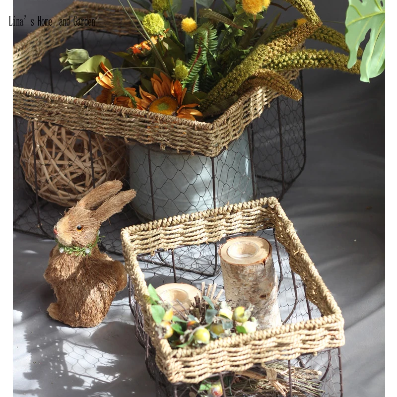 set 2 pieces rectangle handmade vintage rustic wire basket (6)