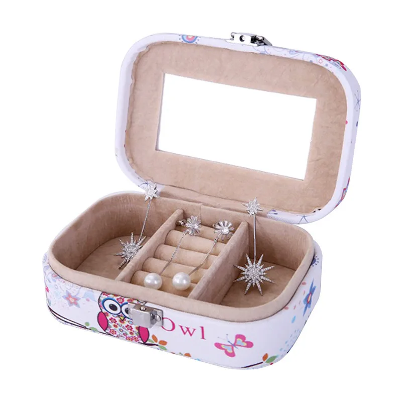 

Fashion Women's PU Leather Jewelry Box Travel Makeup Organizer Necklace Ring Storage Case Organizer Display With Mirror