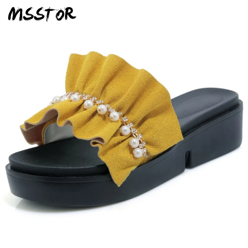 

MSSTOR String Bead Women Platform Slippers Fashion Plus Size Yellow Wedges Peep Toe Summer Ladies Shoes Ruffles Slippers Women