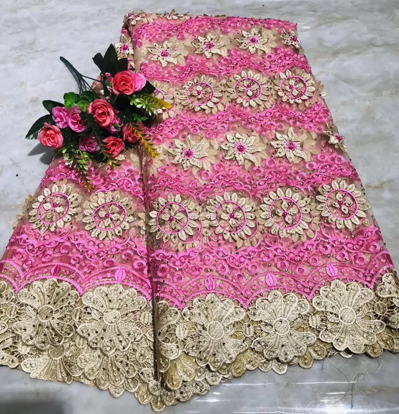 

(5yards/pc) high quality two colors embroidered African French net lace fabric with beads and stones for party dress FLV78