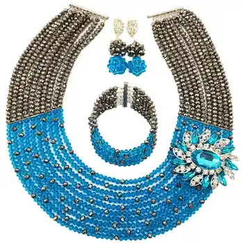 

Fashion Silver Lake Blue Crystal Beaded Statement Necklace Nigerian Wedding African Beads Jewelry Set for Women 10C-SZ47