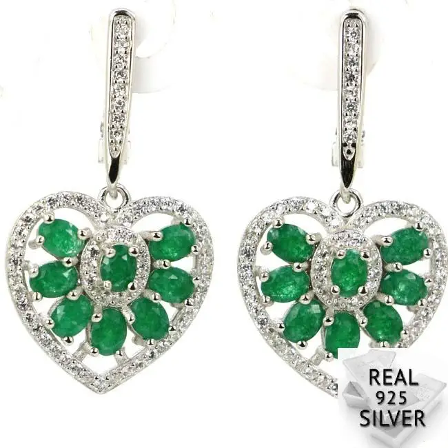 

Real 6.9g 925 Solid Sterling Silver Real Green Emerald Heart Shape, CZ Woman's Earrings 35x18mm