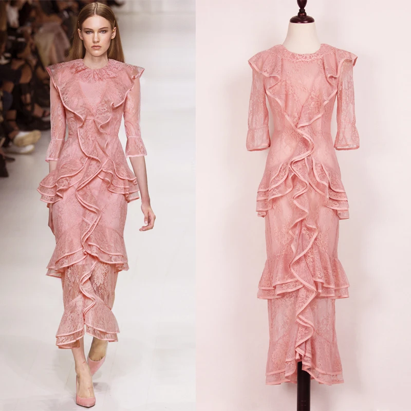

High quality 2018 autumn and winter brand new fashion sexy solid color lace stitching ruffled fishtail slim casual women's dress