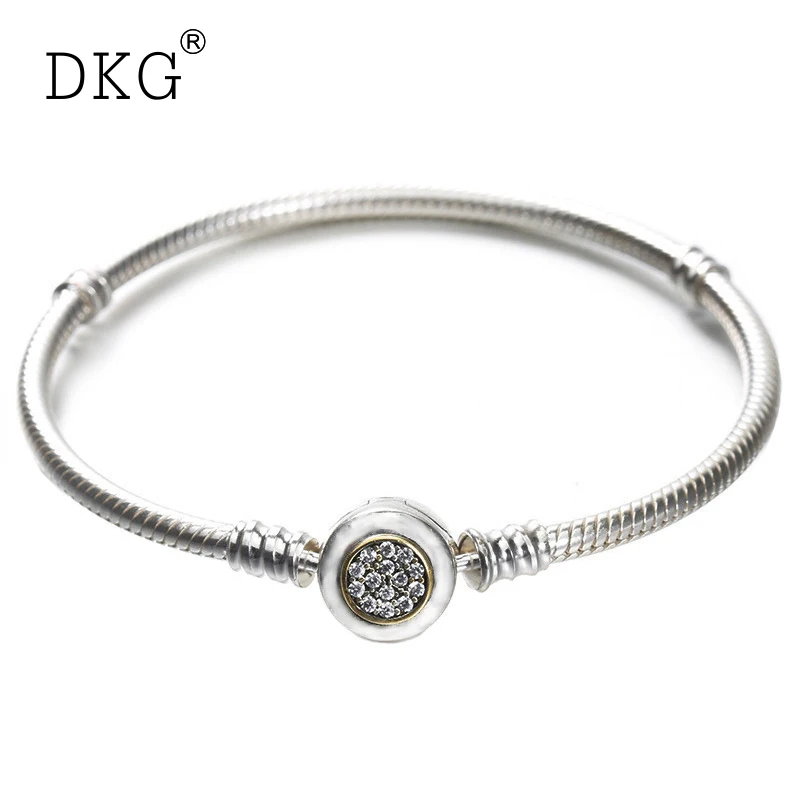 

Authentic 925 Sterling Silver Moments Two Tone With Signature Clasp Clear CZ Snake Chain Bracelet Fit Pan Bangle DIY Jewelry
