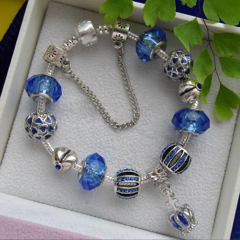 Новые модные ювелирные изделия, натуральный камень, муранское стекло, амулеты, браслеты и браслеты, Бабочка, бусины, подходит для Панов, браслет для женщин - Окраска металла: Blue Crown