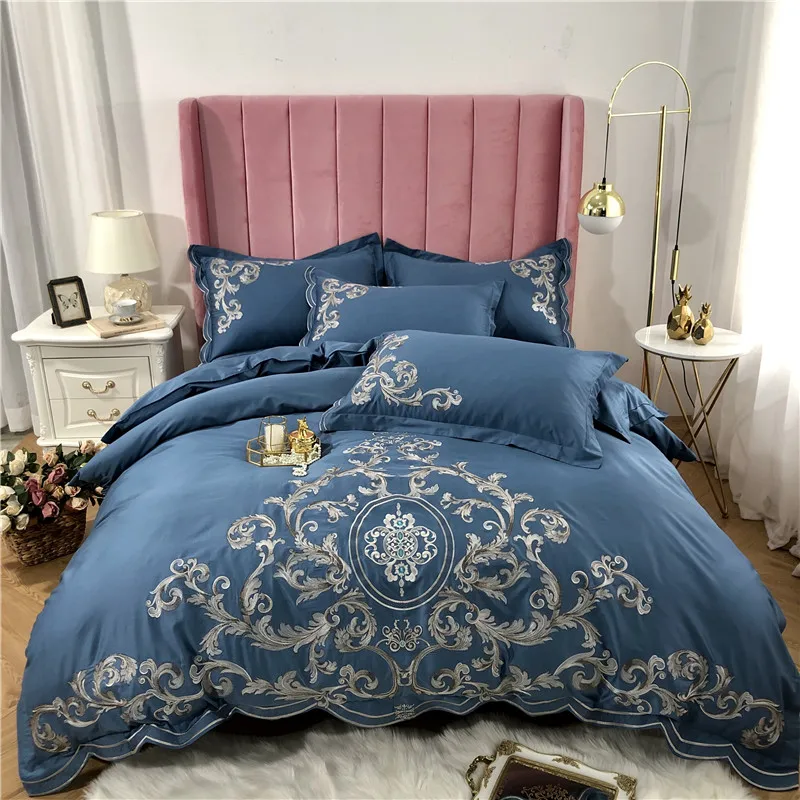 

New Luxury Blue Pink 100S Egyptian Cotton Gold Royal Embroidery Palace Bedding Set Duvet Cover Bed sheet Bed Linen Pillowcases