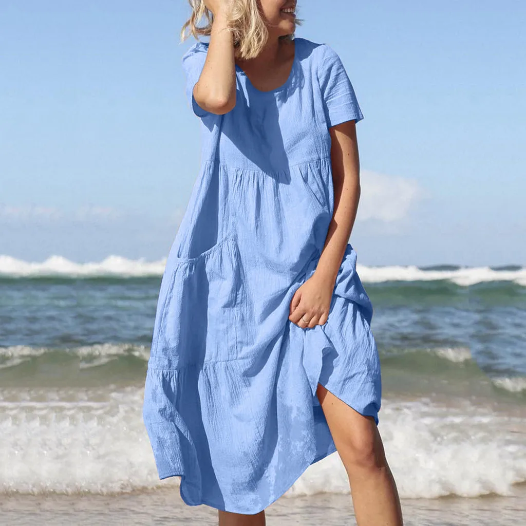 Женское летнее платье, женское модное однотонное платье с круглым вырезом, коротким рукавом и карманами, хлопковое льняное свободное пляжное Повседневное платье Y606