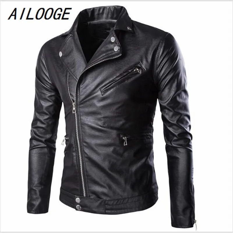 AILOOGE Fashion Stand Collar Motorcycle Leather Clothing Men's Zipper Leather Jacket Male Outerwear Blue Leather & Suede M-XXXL