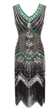 Женское платье 1920s в стиле Гэтсби Чарлстон с блестками и бахромой, украшенное бисером, платье в стиле арт-деко с v-образным вырезом, без рукавов, длинный костюм для вечеринки - Цвет: 083green new