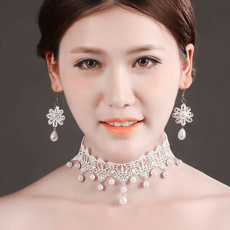 New Arrival Manual Cheap White Lace Earrings and Necklace Jewelry Sets
