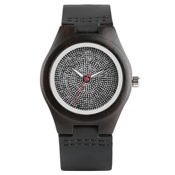 

Luxury Elegant Rhinestones Ladies Quartz Wood Watch Genuine Leather Band Hand-made Wooden Bamboo Female Watches Best Gift reloj