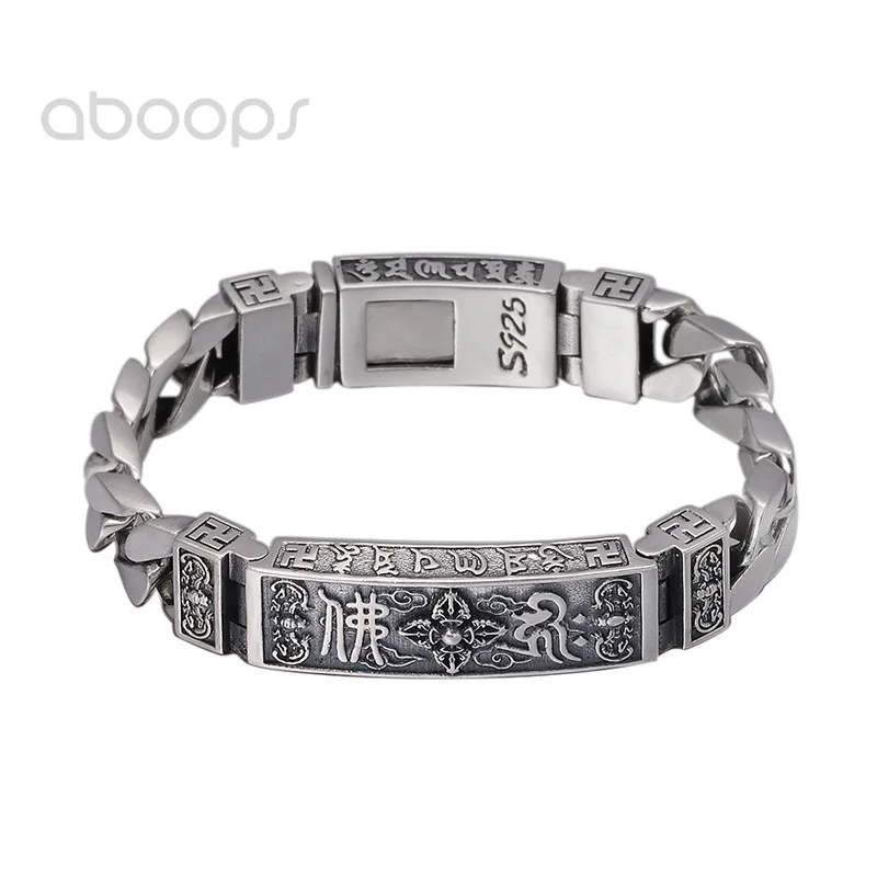 

Cool Vintage Heavy 925 Sterling Silver Curb Chain Bracelet with Om Mani Padme Hum Clasp for Men Boys 12mm 18 20 cm Free Shipping