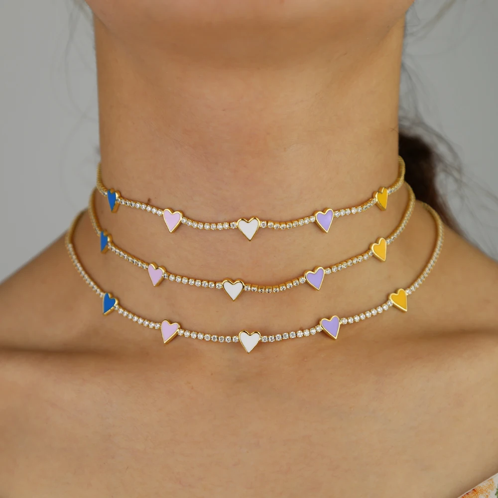 

Enamel heart choker chain in necklace blue pink white purple yellow women beach style wedding charm necklace jewelry